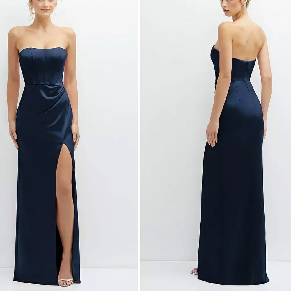 NWT After Six Strapless Corset Satin Maxi Dress, Draped‎ Column Skirt Navy Sz 10